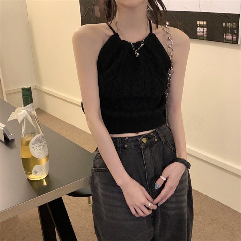 NWT BLACK KNIT HALTER TOP OPEN BACK